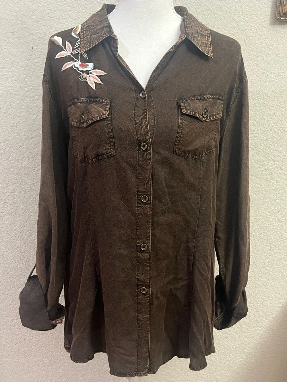 Emma G brown, long-sleeve embroidered button-down utility tunic shirt